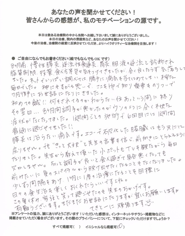 膵炎・逆流性食道炎の方の声